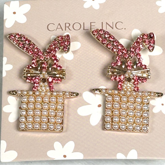 Carole Inc Jewelry - Carole Inc Bunny In Top Hat Earrings Pink Crystals White Seed Pearls Post NEW